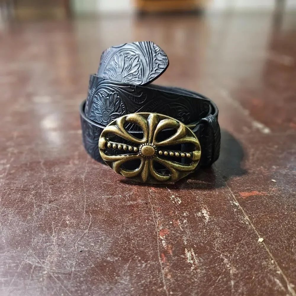 Belt Gothic Tooled Leather Cross Buckle Black (45 in) ✨